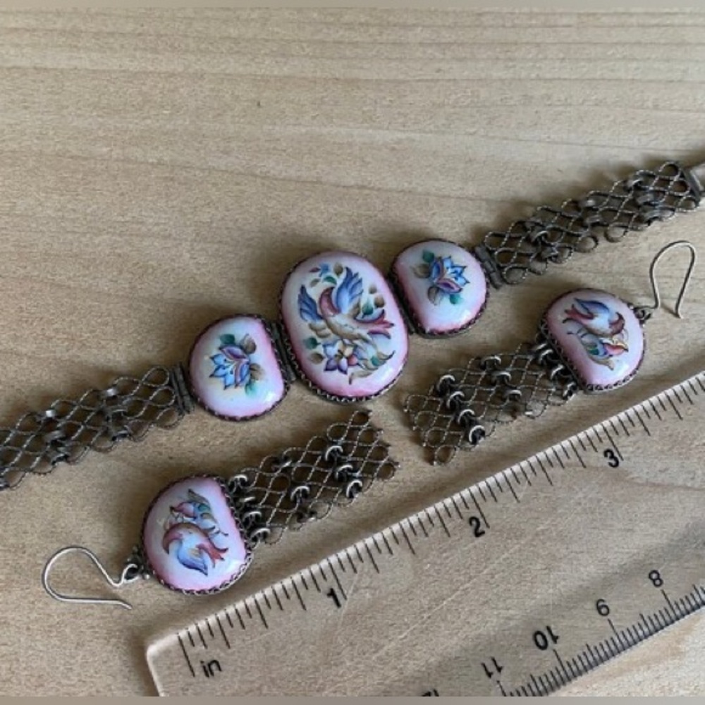 Rare! Gorgeous porcelain earrings & matching bracelet with bird & flower pattern - Picture 3 of 5